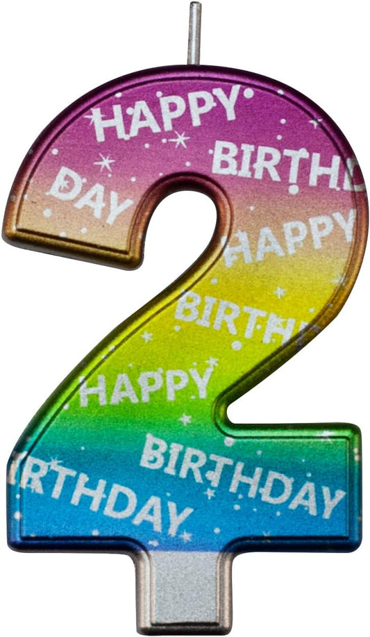 DERVENTA Birthday Candles Big Numbers Multicolored 3.7 inch Party Cake Topper 1 Piece (Number 2 Multi-Colored)