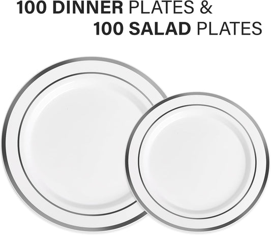 AOZITA 200Pcs Silver Plastic Plates, Disposable Plastic Party Plates for Party, Wedding and Birthday