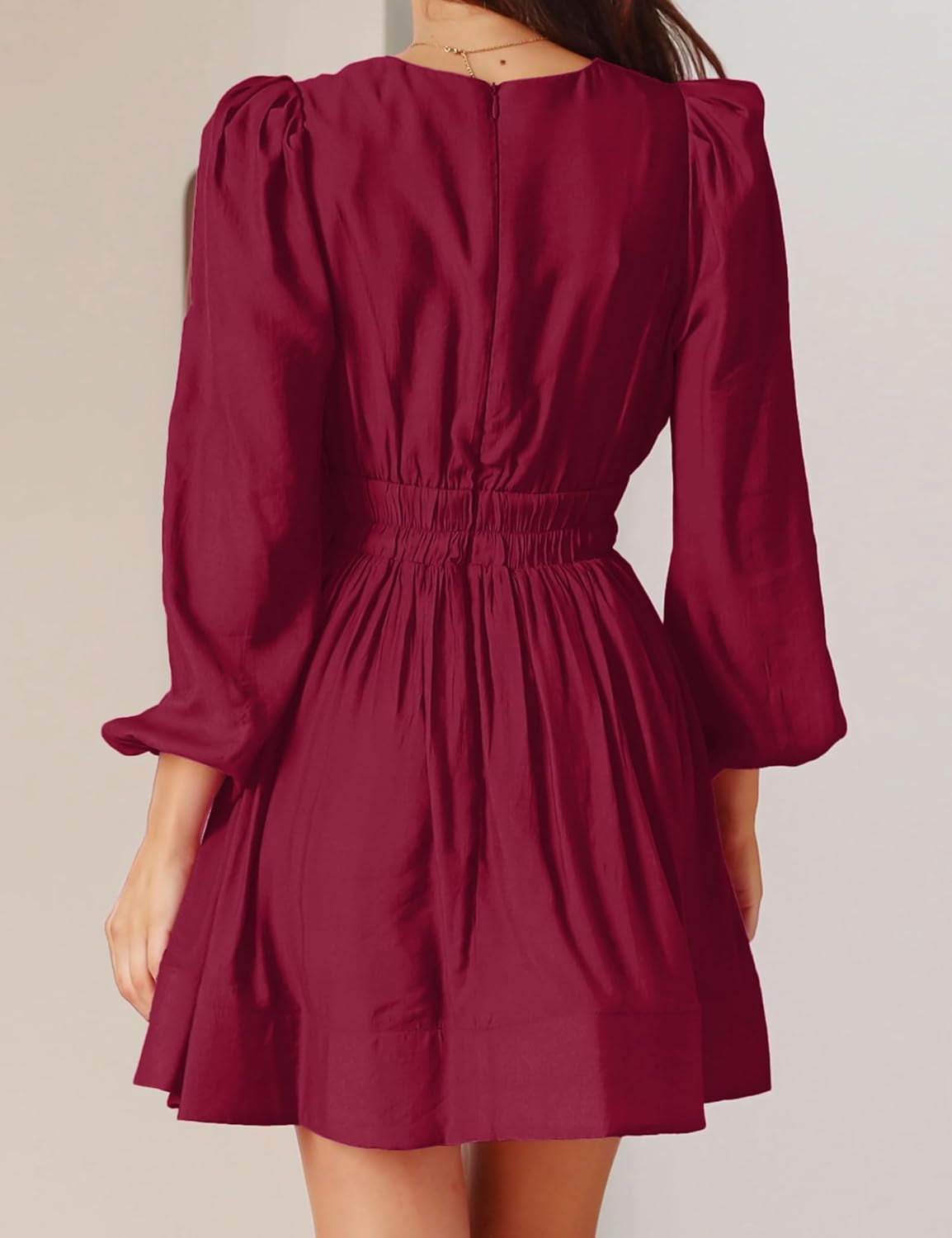 FAIABLE Mini Deep V Sexy Long Sleeve Dress for Women A-line High Waisted Casual Flowy Dress for Cocktail Wedding Guest