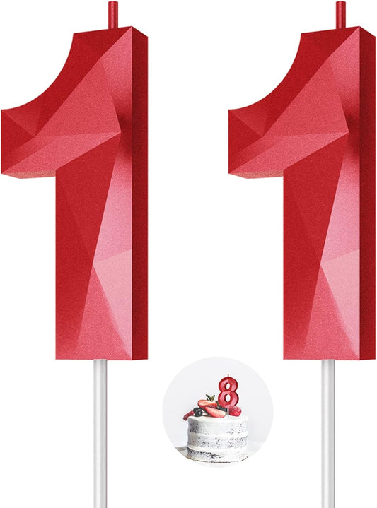 Number Birthday Candles(11 Candle Red) 3D Diamond Shape Number Happy Birthday Cake Candles for Birthday Party Wedding Decoration Reunions Theme Party