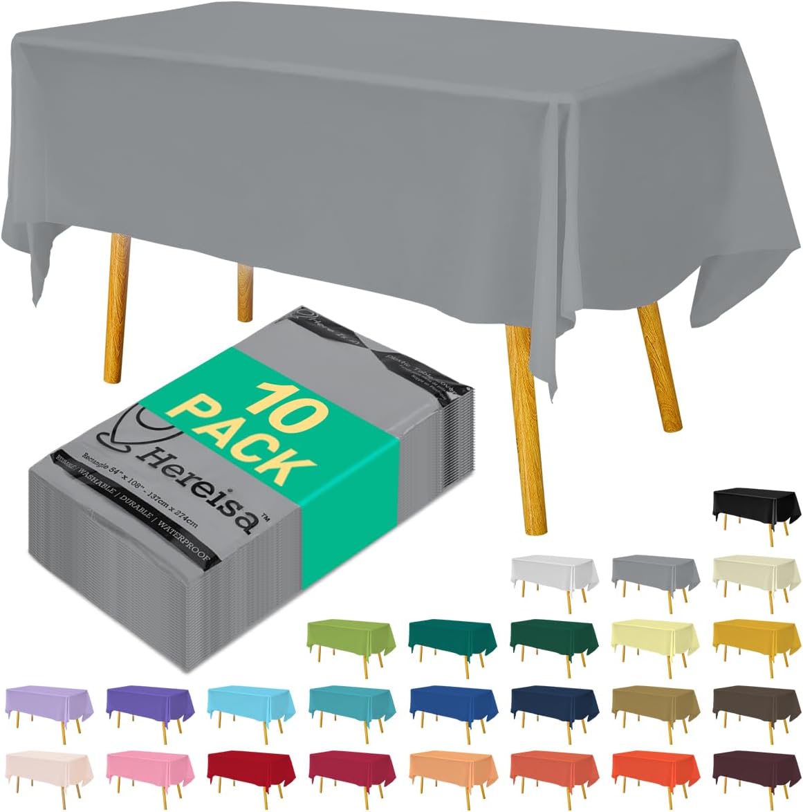 Disposable Silver Plastic Tablecloth 54x108 Inch, 10-Count Waterproof Rectangle Table Cover for Events, Catering