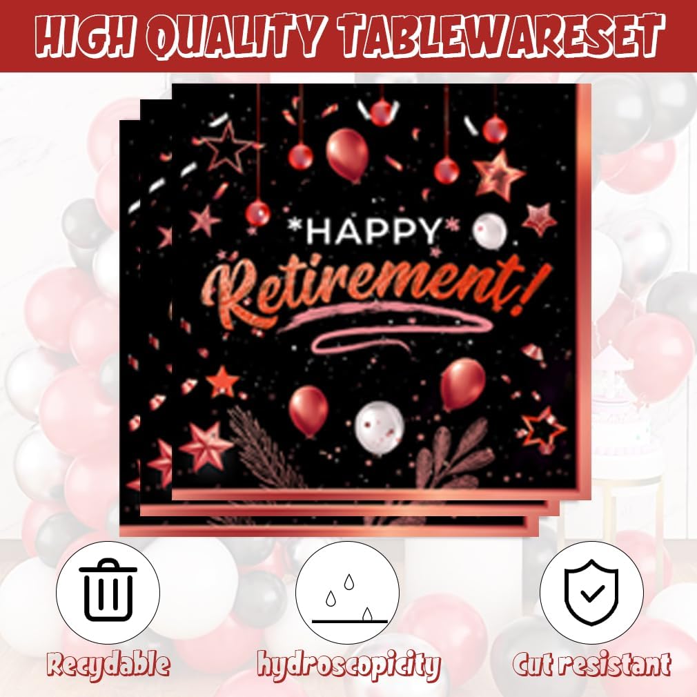 141pcs Retirement Party Decorations,Black Red Party disposable tableware Includes Dinner Plate Dessert Plate Paper Napkin Cup Knife Fork Straws Tablecloth Black Red Rose Gold Retirement Supplies set