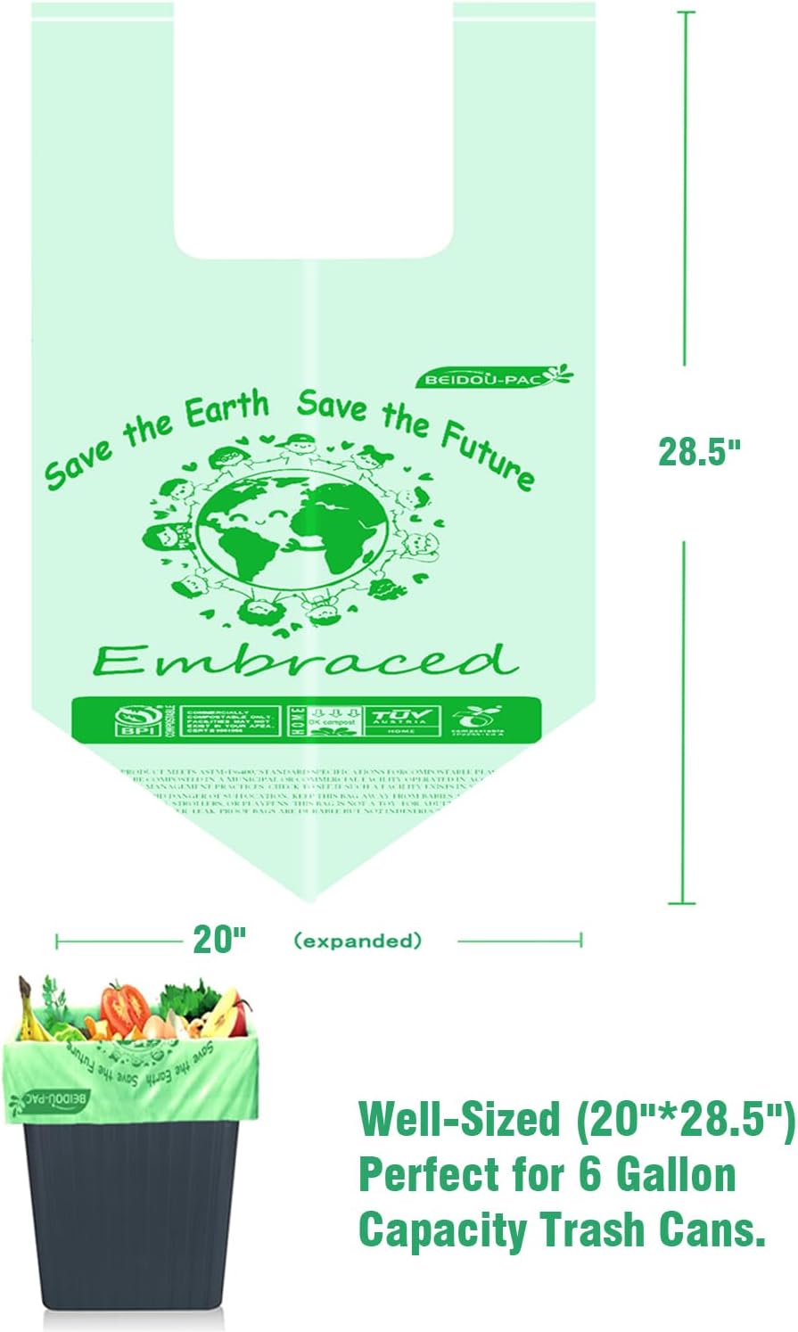 4-6 Gallon Compostable Trash Bags, 150 Count - Kitchen Trash Bags with Handle, Sturdy Biodegradable Garbage Bags for Food Scrap Waste, ASTM D6400, US BPI Certified