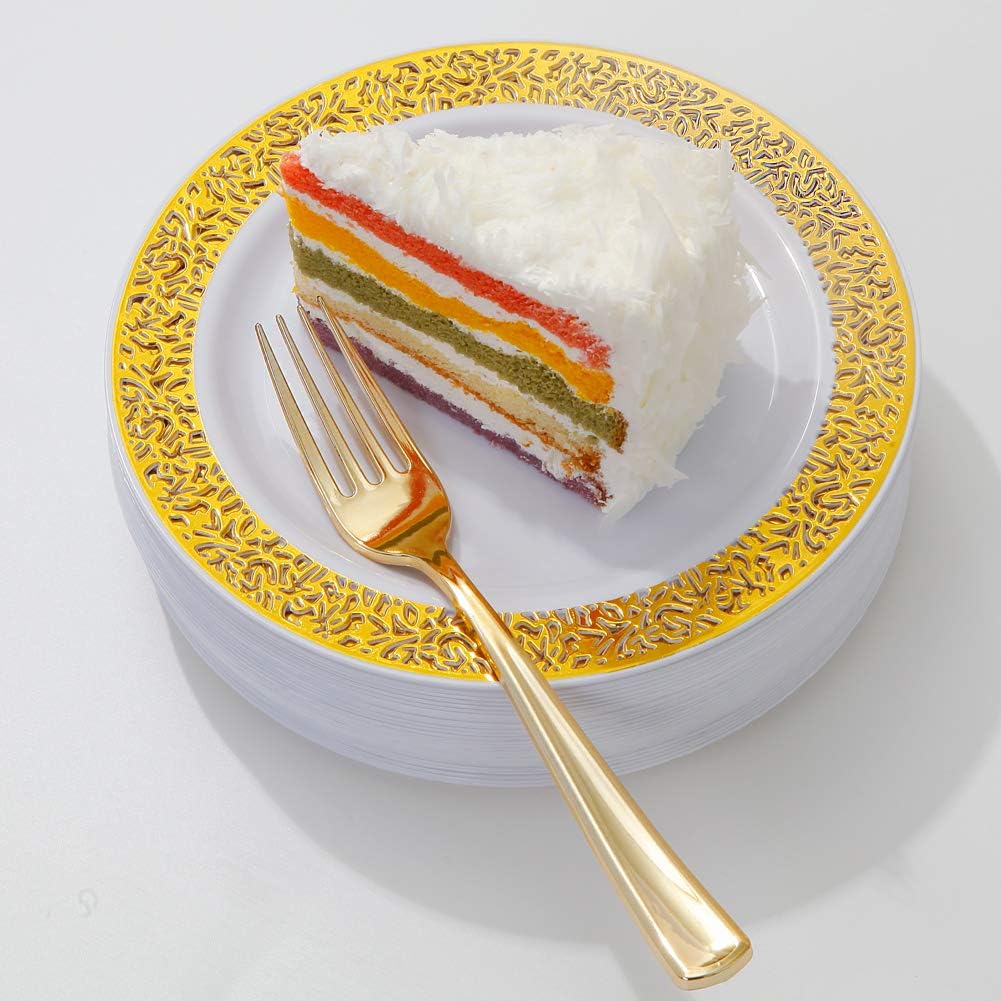 WDF 100pcs Gold Dessert Plates 7.5" with 100 Pieces Disposable Forks 7.4", Lace Design Fancy Appetizer Small Salad and Cake Plates for Thanksgiving Party/Weeding