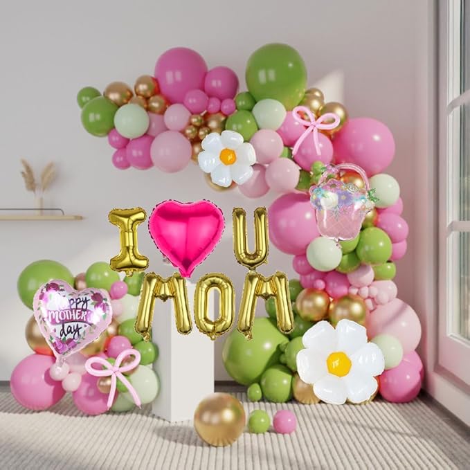 Mothers day Balloon Garland Kit with Pink and Green Foil Heart Letters Floral Basket Daisy Balloons for Indoor Outdoor Premium Rustic Elegant Party Decorations Party Supplies (Green Pink)
