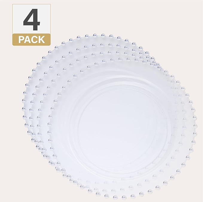 PLASTICPRO Clear Plastic Charger Plates with Beaded Edge – Pack of 4 – 13" Elegant Round Disposable Chargers for Weddings, Events, Parties, and Dinners