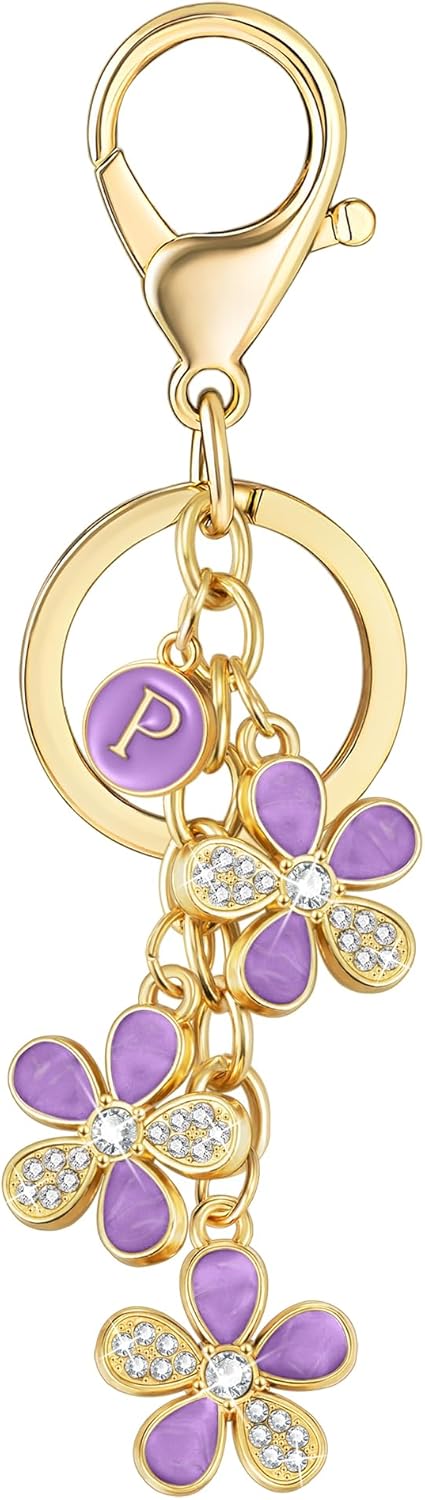 XGALBLA Cute Flower Crystals Rhinestone Initial Letter Keychain for Women, Bag Charms Bling Sparkly Enameled Keychain Handbag