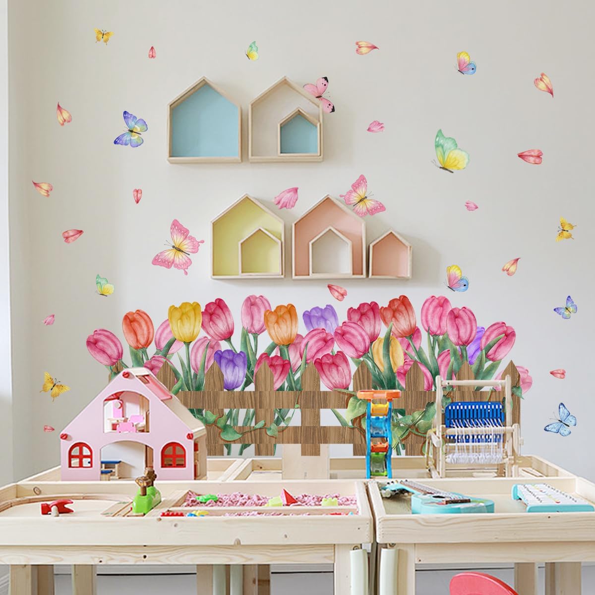 2 Pieces Tulips Wall Decals Vinyl Flowers Wall Stickers Removable Floral Art Murals Peel and Stick Colorful Tulips Fence Butterfly Decor for Girls Bedroom Living Room Nursery