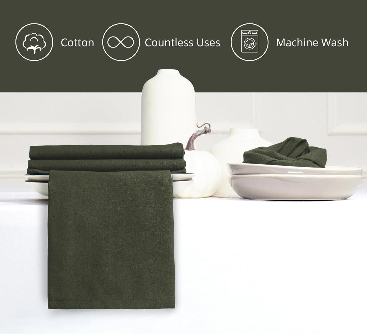 PurpleEssences Set of 6 Cloth Dinner Napkins 100% Cotton 18x18 Inch - Soft Durable Washable - Ideal for Farmhouse Party Fall Thanksgiving - Perfect Everyday Use Table Linen - Olive Green