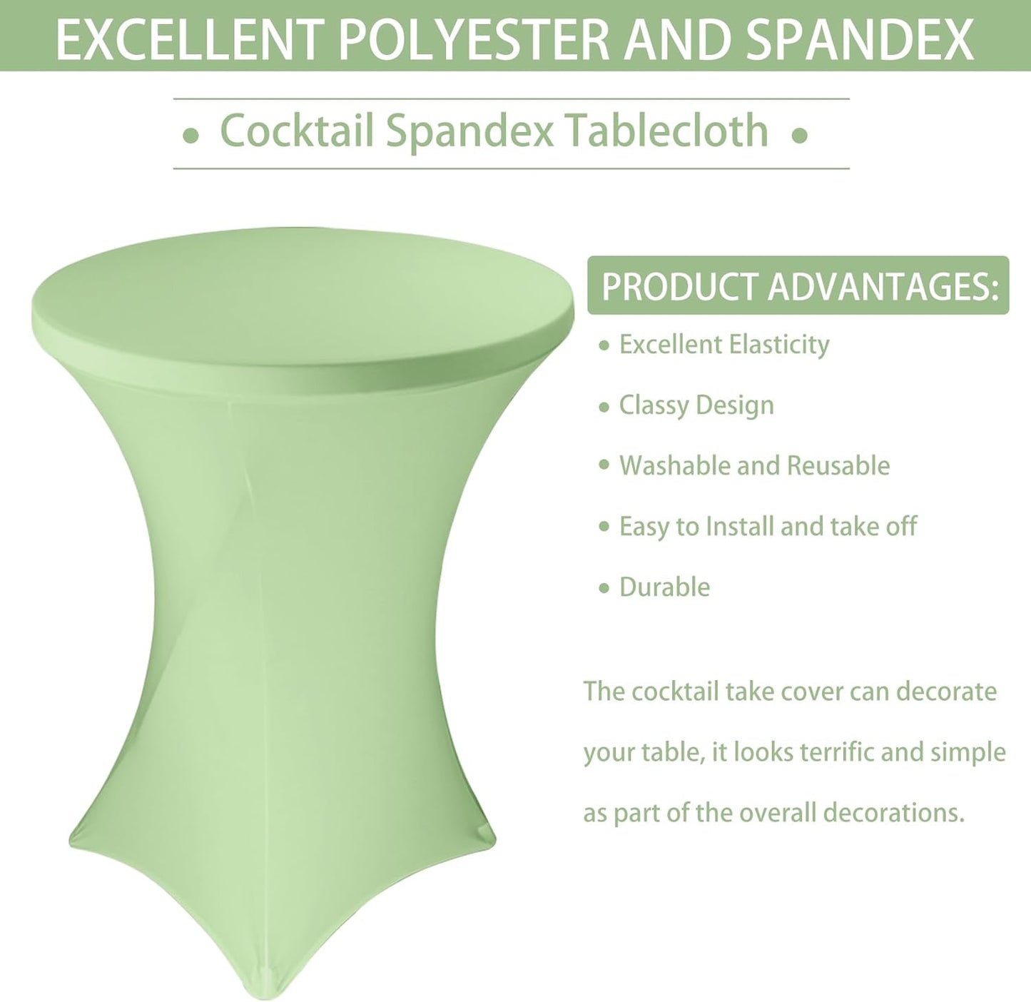 6 Pack Cocktail Spandex Tablecloth 32"x43" Sage Green Stretch Square Corners Cocktail Table Cover Fitted High Top Round Table for Bar Wedding Birthday Party Banquet