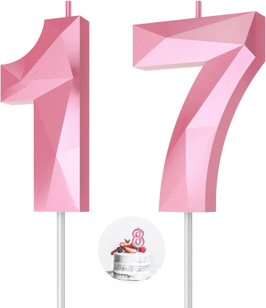Number Birthday Candles(17 Candle Pink) 3D Diamond Shape 17th Happy Birthday Cake Topper Decorations for Girl Women Birthday Wedding Anniversary Celebration Theme Party Supplies