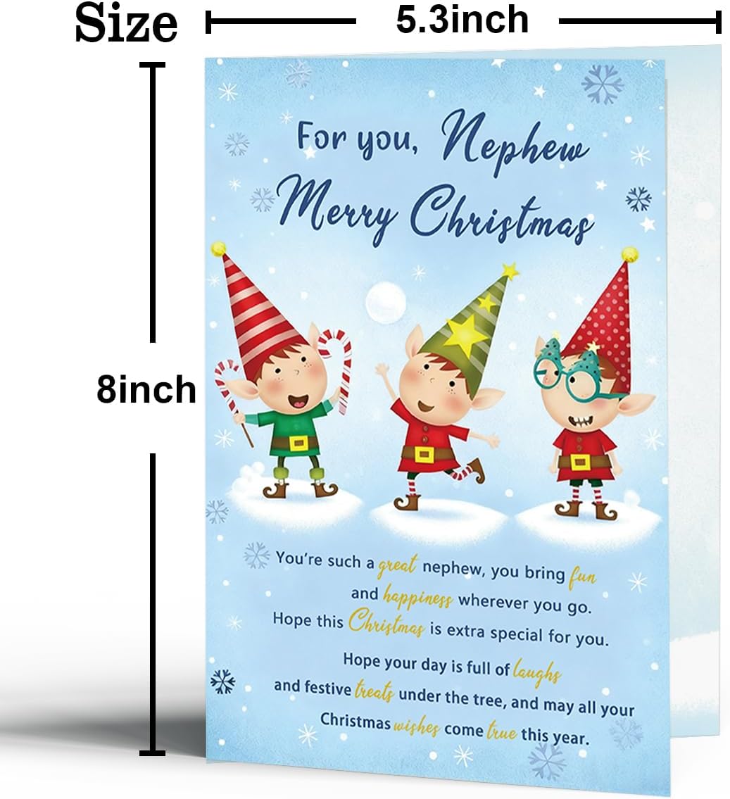 Christmas Card Gift for Nephew, Nephew Christmas Card from Auntie Uncle, Cute Festive Elf Design for Boys