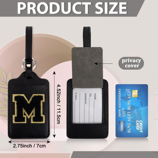 Personalized Initial Luggage Tags for Suitcases, Leather Chenille Letter Cute Luggage Tags with Privacy Name Card, Embroidered Travel Bag Backpack Tags Gifts for Women Kids Girls Teens(Black-M)