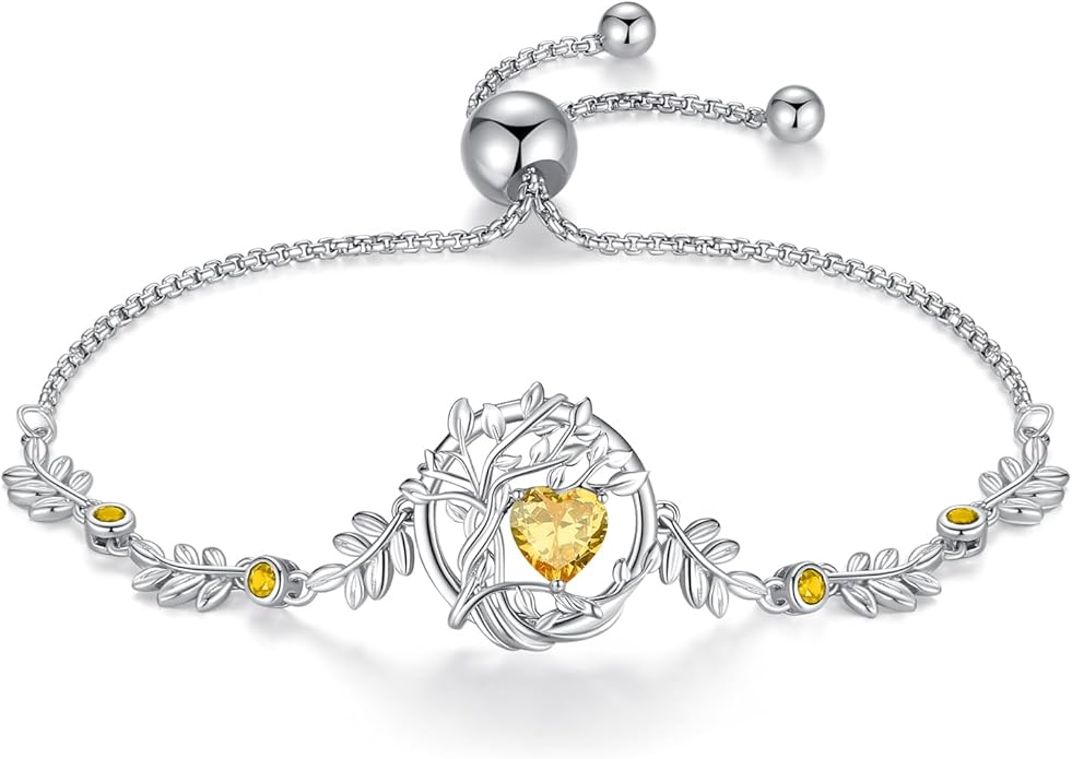 FANCIME Valentines Day Gift Tree of life Birthstone Bracelet for Women Sterling Silver Tree Jewelry Birthstone Charm Bracelet Gemstone Anniversary Birthday Gifts for Wife Mom Her
