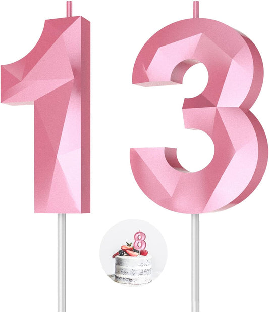 Number Birthday Candles(13 Candle Pink) 3D Diamond Shape 13th Happy Birthday Cake Topper Decorations for Girl Women Birthday Wedding Anniversary Celebration Theme Party Supplies
