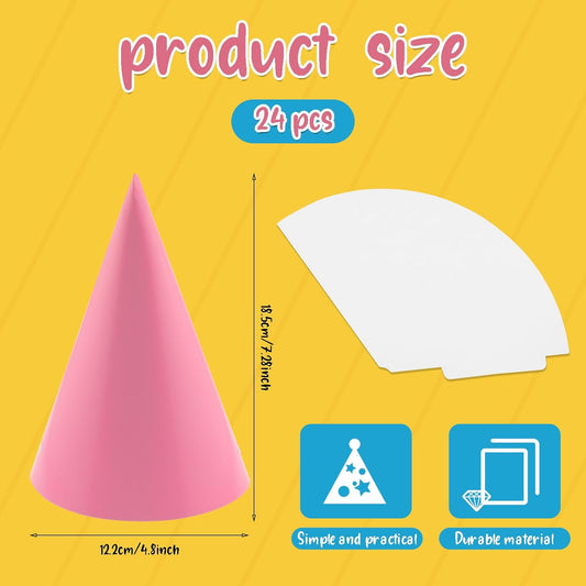 24 PCS Party Cone Hats DIY Birthday Paper Cone Hats for Kids and Adults Birthday, Baby Shower, Bridal Shower