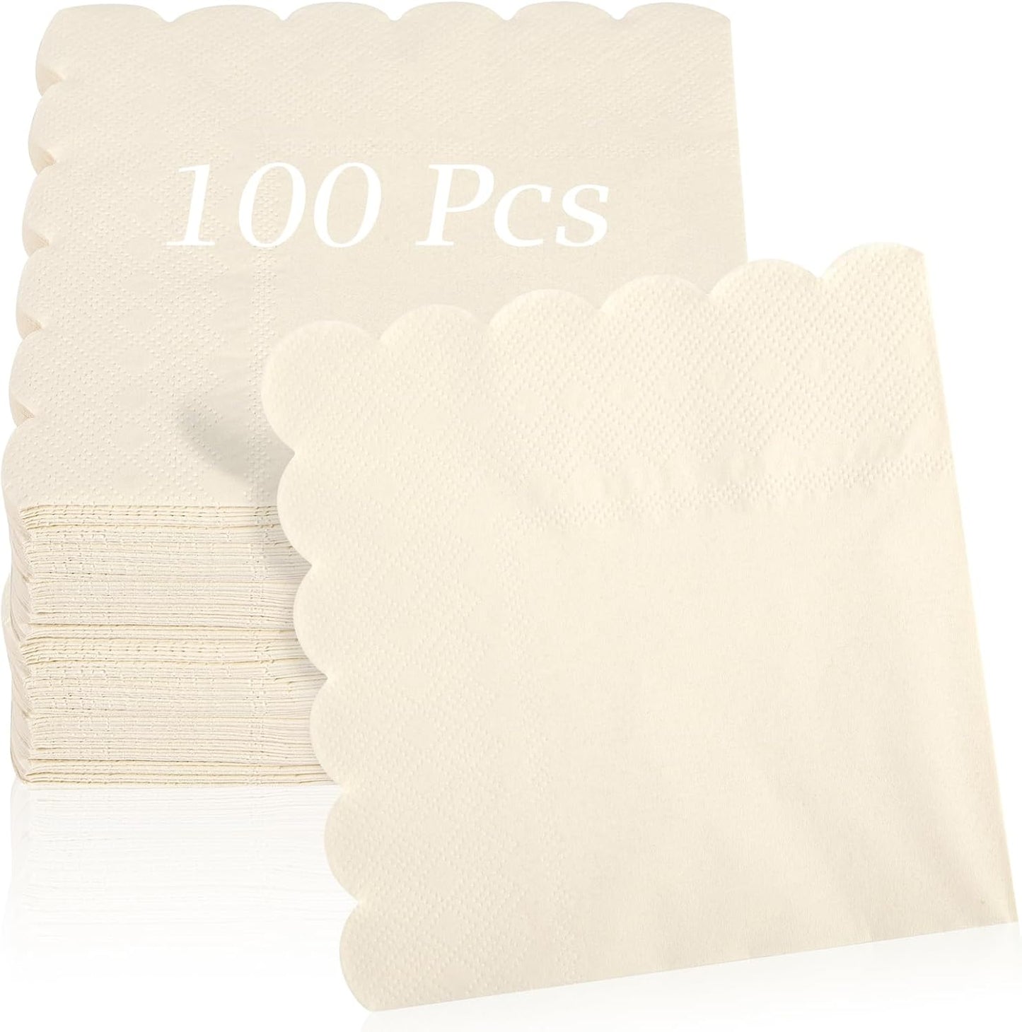 100 Pcs Cocktail Napkins, 2-Ply 5 x 5 Inches Disposable Scalloped Napkins, Thick Premium Dessert Napkins for Party, Wedding, Dinner, Birthday, Anniversary, Festival (Milky-White)