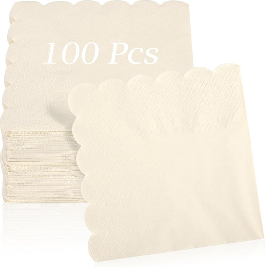 100 Pcs Cocktail Napkins, 2-Ply 5 x 5 Inches Disposable Scalloped Napkins, Thick Premium Dessert Napkins for Party, Wedding, Dinner, Birthday, Anniversary, Festival (Milky-White)