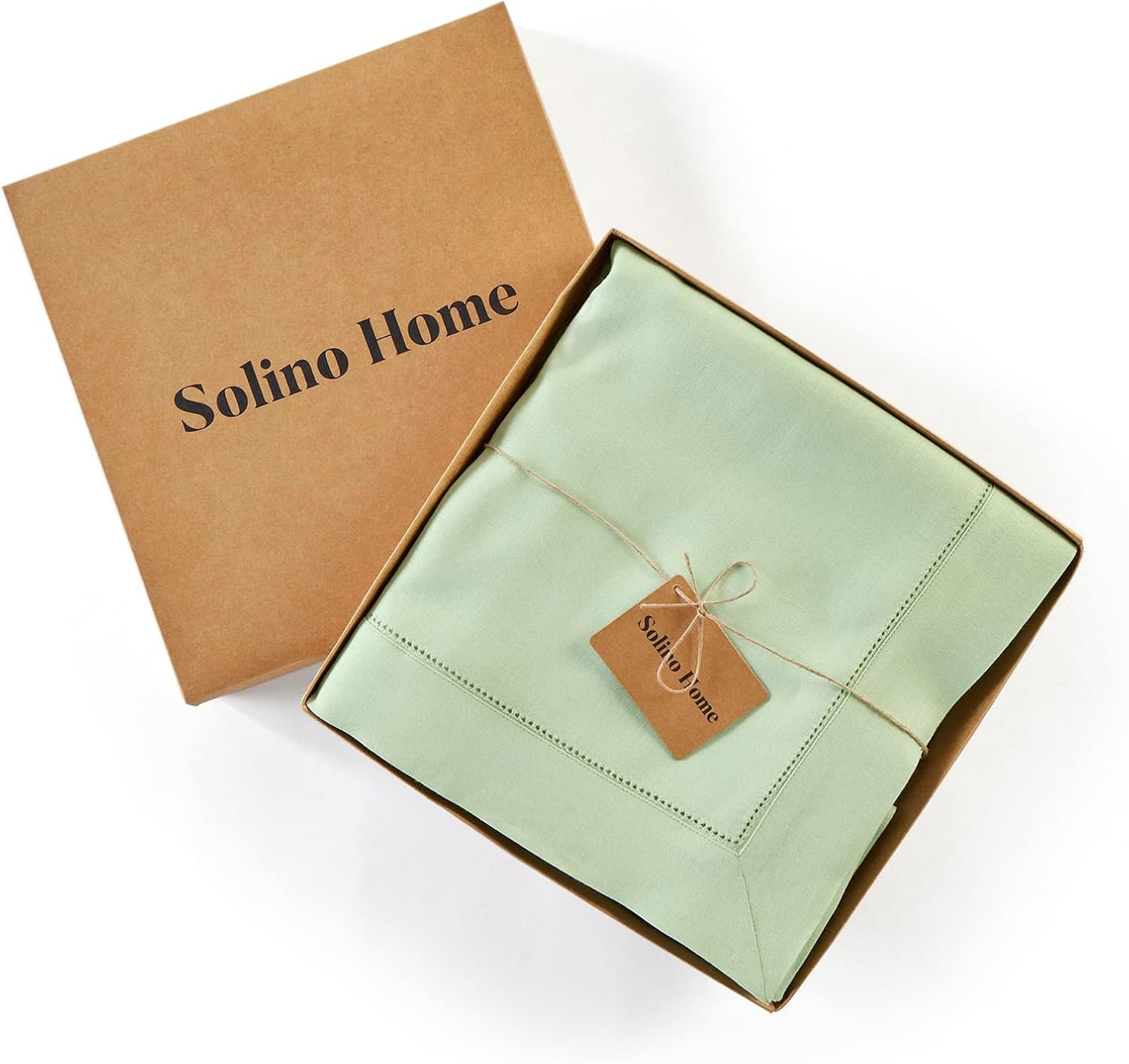 Solino Home Linen Tablecloth for Rectangle Tables 60 x 90 Inch - Classic Hemstitch 100% Pure Linen Light Green Table Cloth - Machine Washable Cloth Tablecloth
