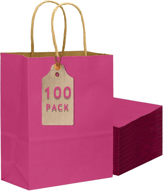 qiqee 100PCS Gift Bag with Handles Bulk Rosy Paper Bags Multiple Uses (11"x5"x8" Medium Size)