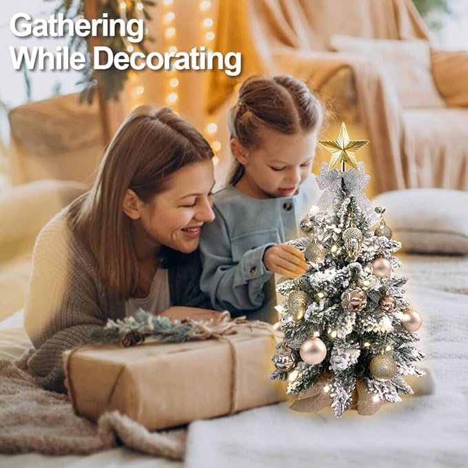 Small Christmas Tree with Light for Table Top, Mini Tabletop Christmas Tree with Decoration, 2FT Pre-lit Artificial Flocked Christmas Tree for Home, Office, Desk, Gold