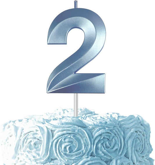 Blue Number 2 Candles, 3D Diamond 2.76 Inch Cake Topper Birthday Candles for Wedding Anniversary Cake Decorations, Happy Birthday Party Decorations