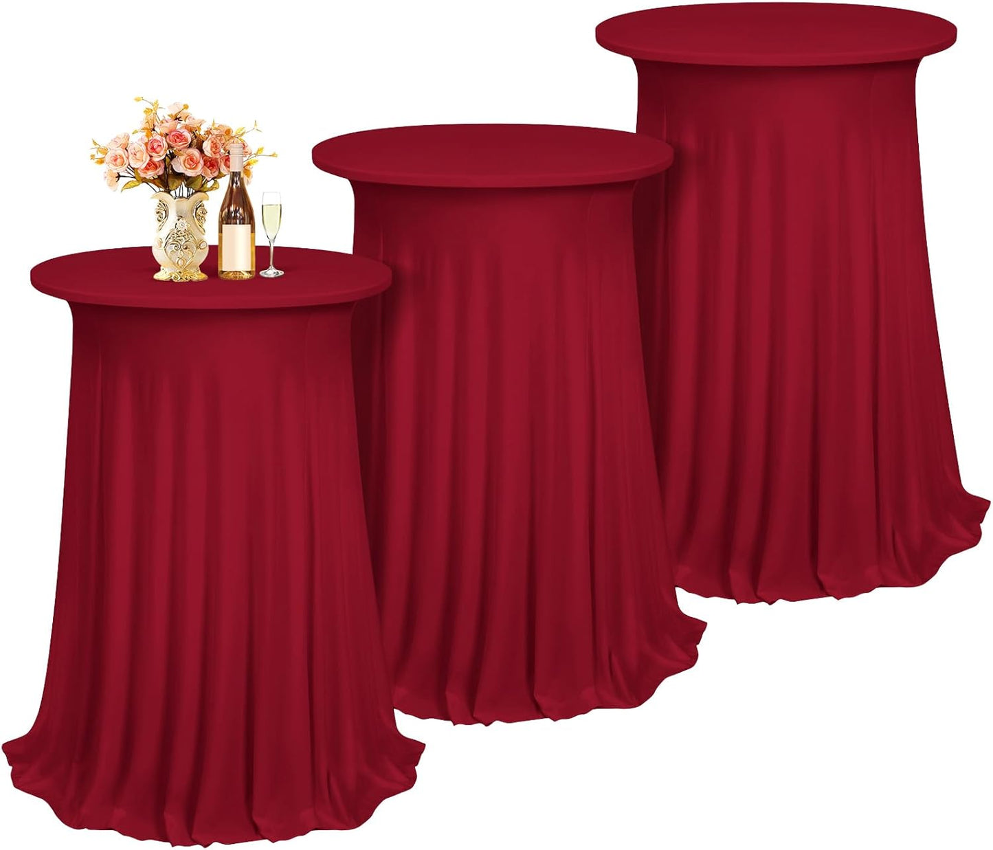 3 Packs Cocktail Table Covers Burgundy Round Bar Table Cloth Wine Red 32"x 43" Spandex Stretch High Top Table Covers with Wavy Drapes Fitted High Top Table Cloth for Party Wedding Banquet Bar Table