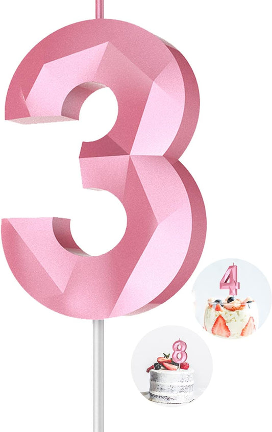 Number Birthday Candles(3 Candle Pink) 3D Diamond Shape 3rd Happy Birthday Cake Topper Decorations for Girl Women Birthday Wedding Anniversary Celebration Theme Party Supplies