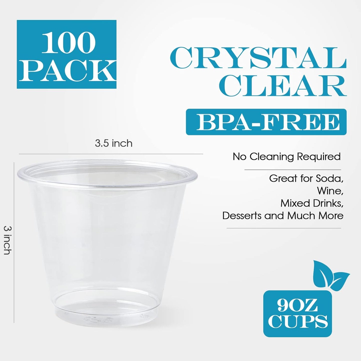 Turbo Bee 100 Pack 9oz Clear Plastic Cups,Disposable Crystal Drinking Cups,PET Plastic Party Cups for Wine,Juice,Iced Coffee and Cold Drinks
