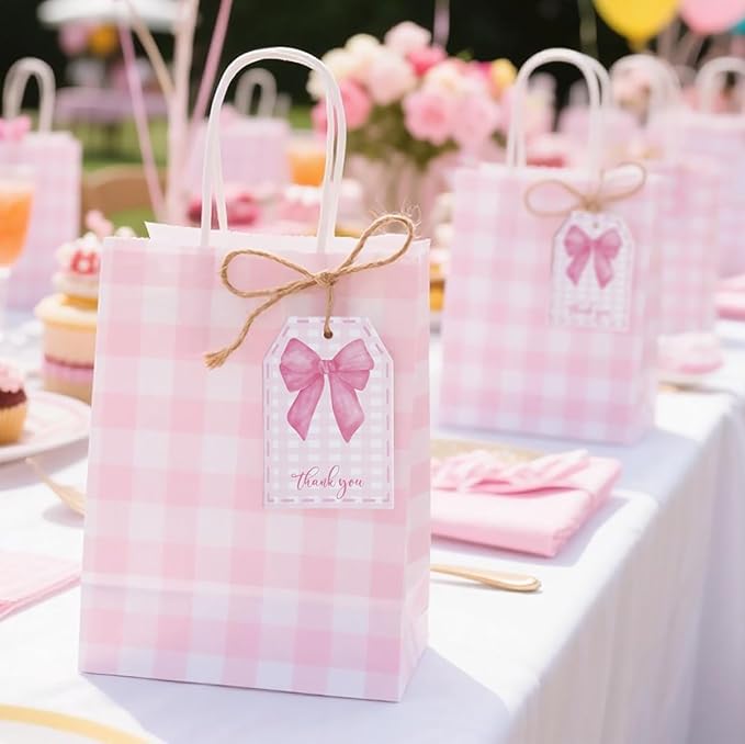 ASYEHJNR 100Pcs Pink Bow Gift Tags with String Pink Buffalo Plaid Large Gift Tags with 65Ft White String Cute Thank You White Paper Tag for Coquette Birthday Baby Shower Wedding Gift Wrap Tag