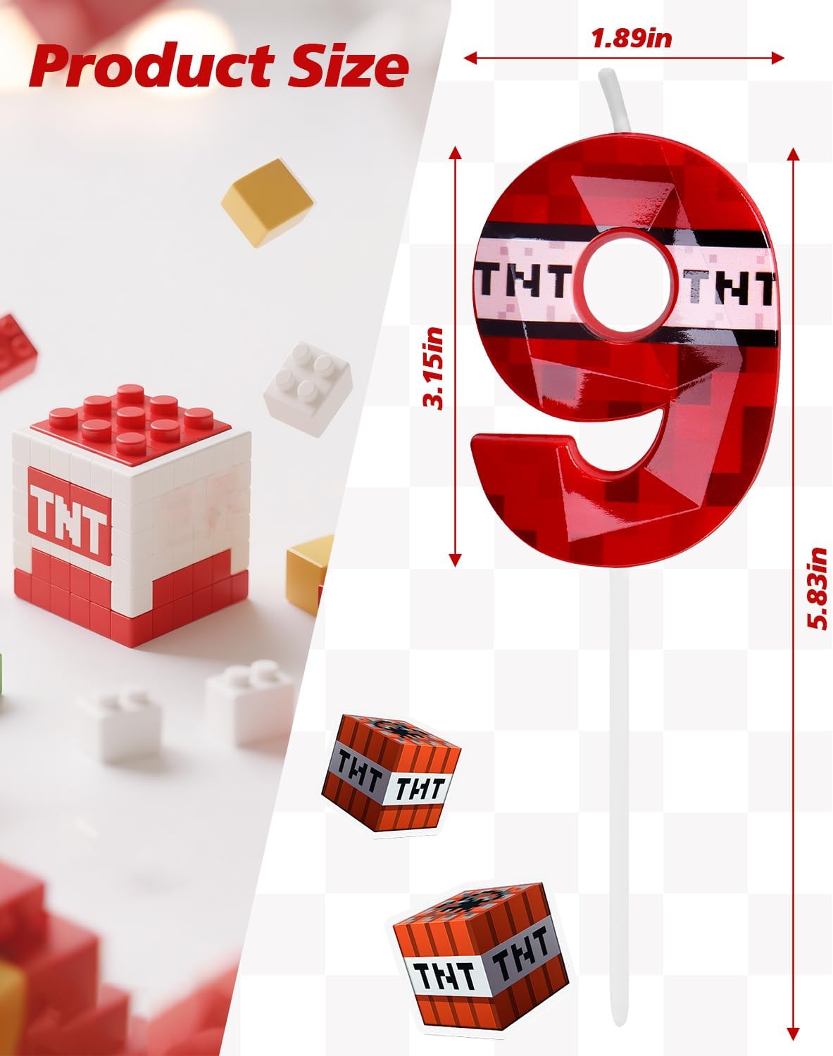 Pixel Birthday Candle, 2.68 Inch Miner Number Candles, Game Themed Candle Birthday Decoration for Pixel Theme Birthday Anniversary Dynamite Video Game Party (Red, 9)