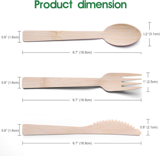 Bamboo Utensils Disposable - 100 PK (6.7" 50 Forks 25 spoons 25 Knives) Disposable Bamboo Cutlery Travel Set Compostable Fork Spoon Knife 100% Biodegradable Natural for Camping/Wedding