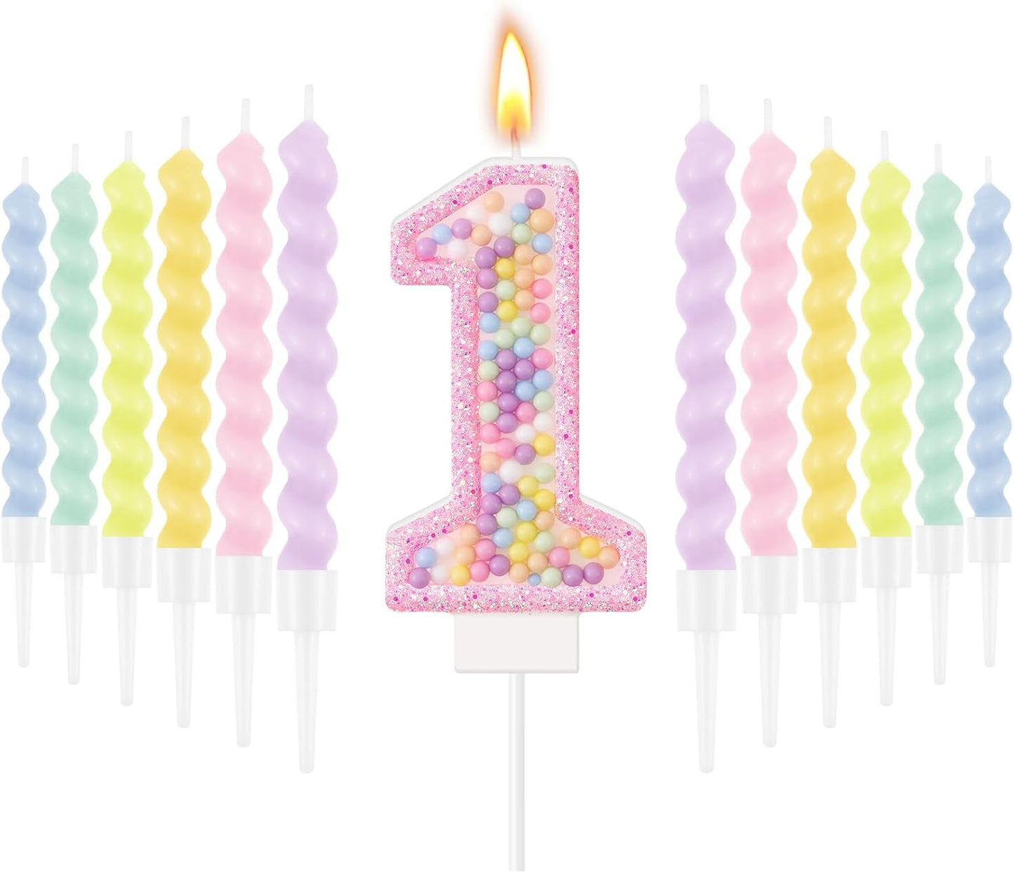 MTLEE Number 1 Birthday Candle with 12 Pcs Spiral Candles for Girls Macaron Pastel Rainbow Unicorn Pink Cake Topper for Sweet Theme Party Decoration