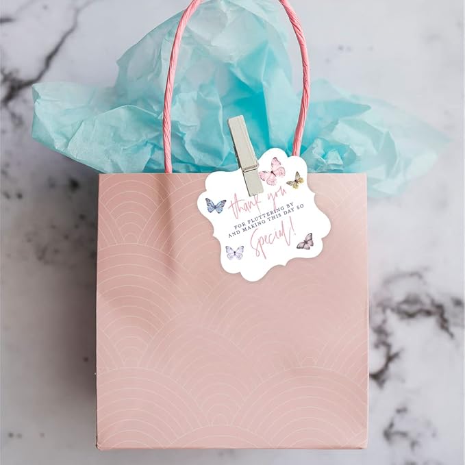 Andaz Press Fancy Frame Kids Party Favor Thank You Tags with String, 48-Pack Butterfly Birthday Gift Tags for Gift Bags, Favor Bags, Goody Bags, Girls, Pastel Butterfly 1st Birthday Party Favors