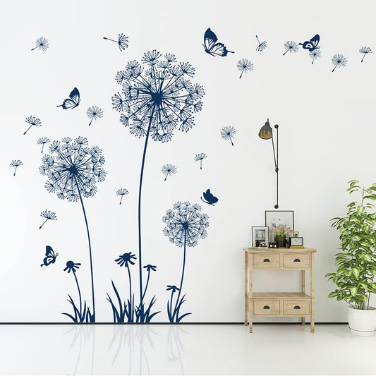 2 Sheets Dandelion Wildflower Wall Decals Art, Calcomanías para Pared Peel and Stick Floral Butterflies Flying Decor for Girls Kids Women Baby Nursery Bedroom Bathroom Sofa Backdrop TV Wall (Blue)