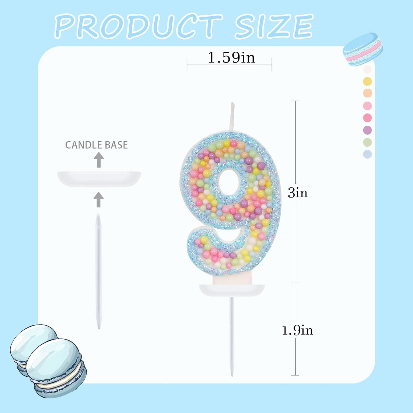 Birthday Candles - Number 9 Candle, Colorful Macaron Candles for Boys/Girls, Blue Cake Decorations, Blue Birthday Decorations, Cartoon Theme Party Supplies