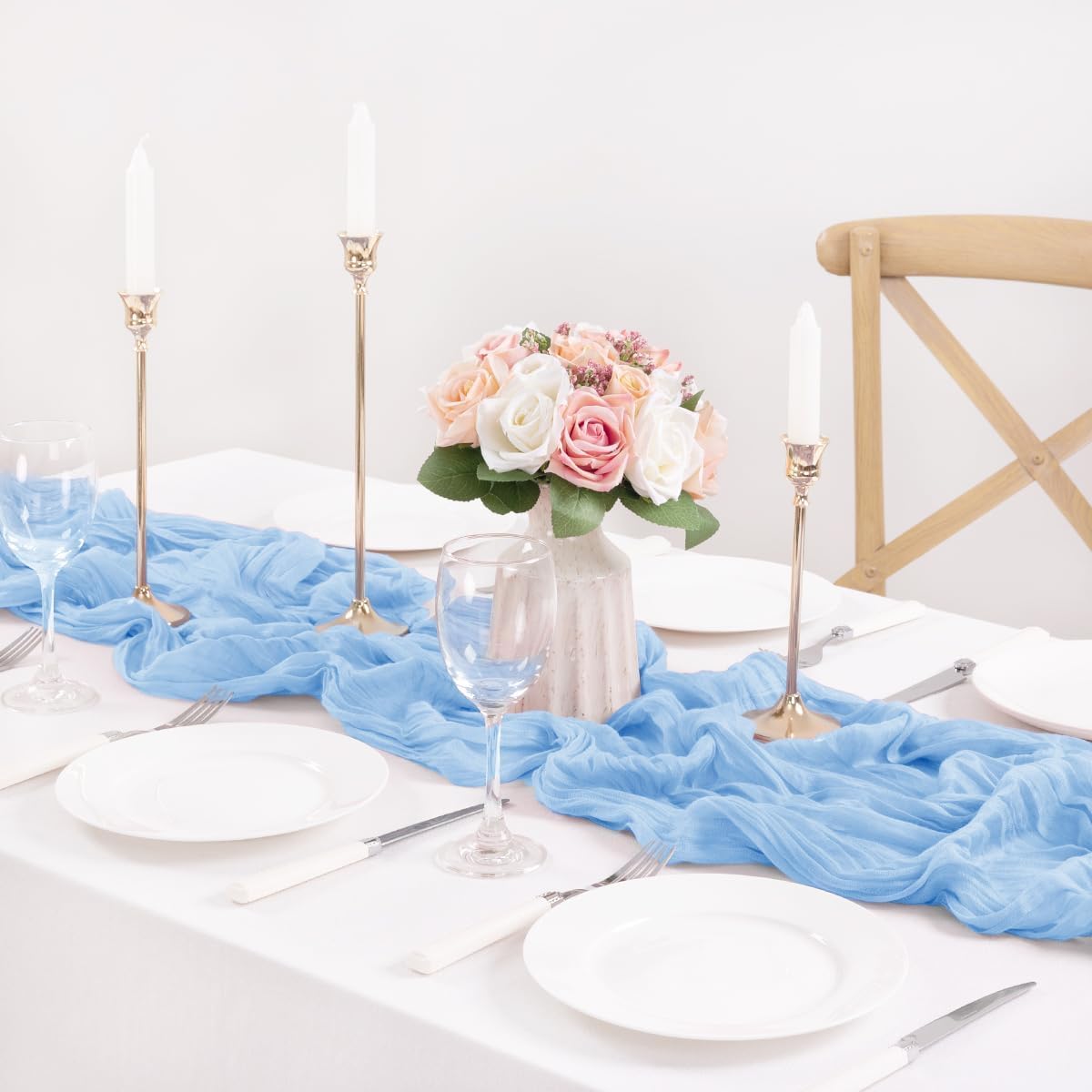 MLMC 8 Pack Baby Blue Table Runner Light Blue Cheesecloth Table Runner 10ft Rustic Gauze Blue Cheese Cloth Baby Shower Decor 35x120 Inches for Fall Gender Reveal Birthday Wedding Party Decor