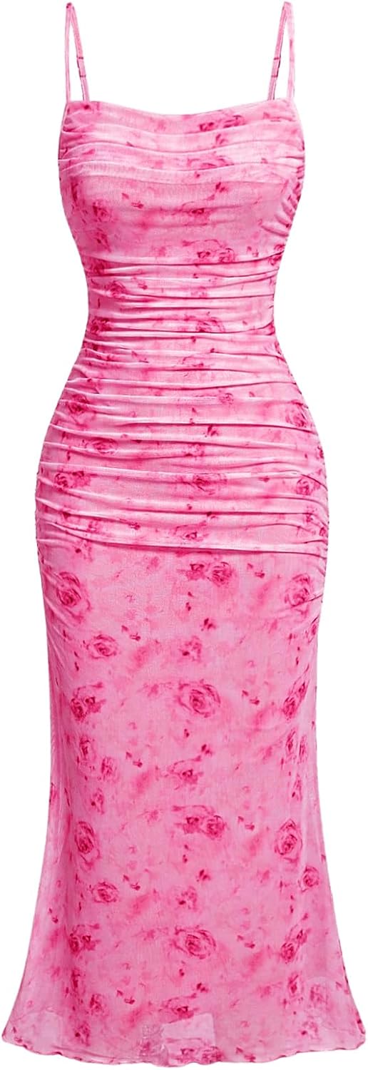 GORGLITTER Women's Floral Ruched Bodycon Midi Dress Mesh Sleeveless Fishtail Cami Dresses