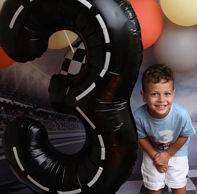 Race Car 3 Balloon, Number Balloons 40 Inch, 3rd Black Birthday Decorations for Kids Boys, Racing Birthday Decorations, Number 3 Balloon