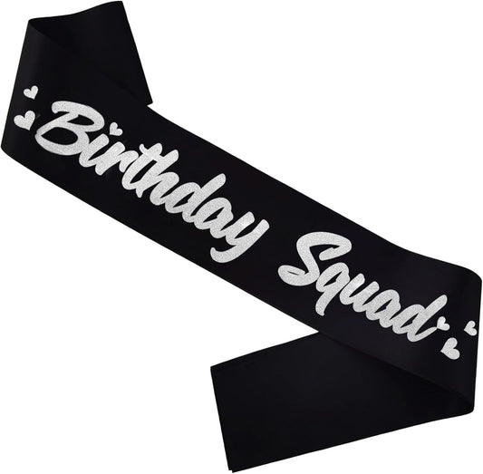 6 Pieces Birthday Squad Sash Set Black with Silver Glitter Lettering Birthday Sash for Women Funny Party Favors Decorations for Sweet 16 18th 21st 25th 30th 40th 50th or Other Bday