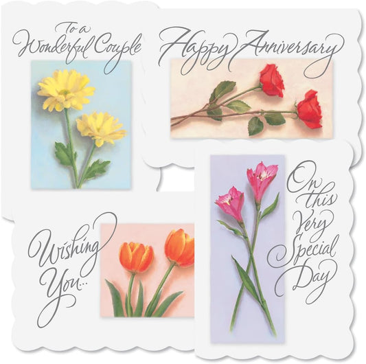 Scalloped Anniversary Wishes Cards - Set of 8 (4 designs), Large 5" x 7" Wedding Anniversary Cards with White Envelopes