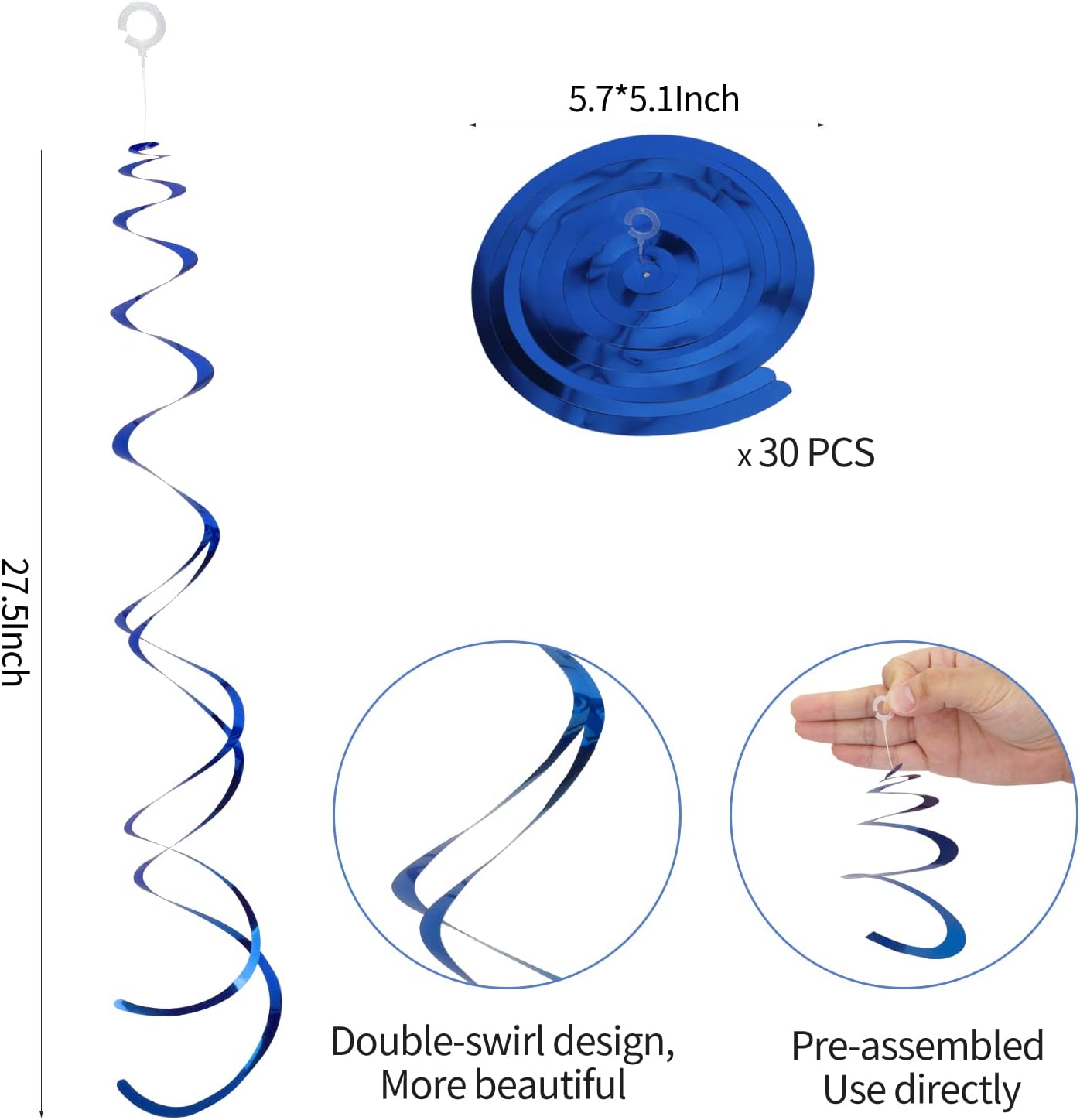 30 Pieces Blue Party Swirl Hanging Decorations, Foil Ceiling Hanging Swirl Decorations, Glitter Streamers Whirl Decorations