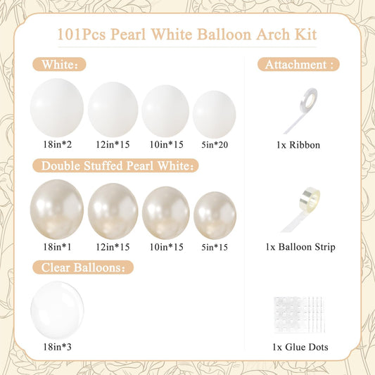 Pearl White Balloon Arch Kit 101Pcs Double Stuffed Pearl Balloons Garland Arch Kit Including Pearl White Clear Balloons for Wedding Bridal Shower Engagement Baby Shower Birthday Party Decorations
