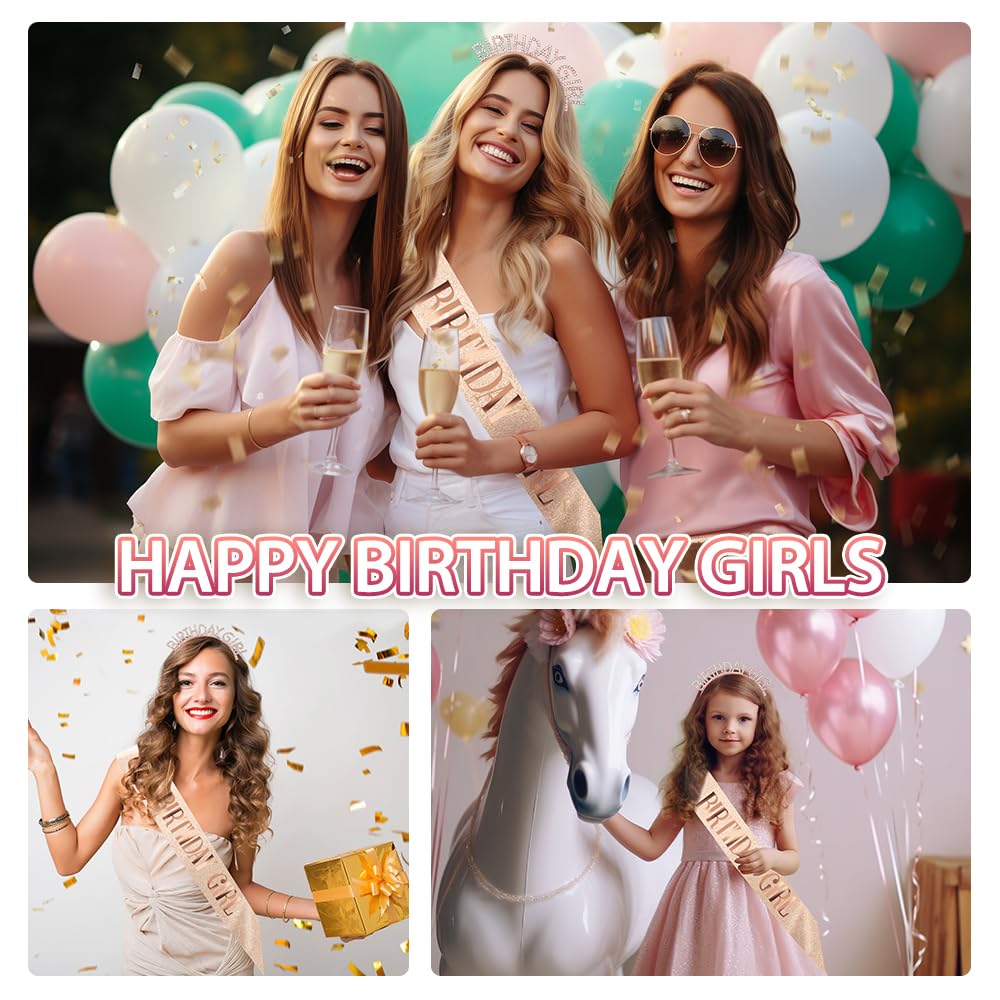 Birthday Crown Birthday Sash for Women, Birthday Girl Sash, Birthday Girl Crown, Glitter Rose Gold Birthday Sash and Crown Rhinestone Headband Set, Happy Birthday Girl Princess Tiara Sash Accessories