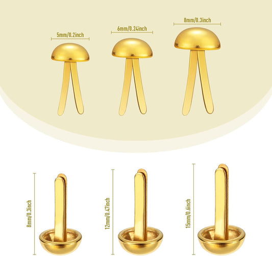 Hotop 500 Pcs Brads for Paper Crafts Metal Round Brass Paper Fasteners for Craft Art Crafting School DIY Supplies(0.3 x 0.6, 0.24 x 0.47, 0.2 x 0.3 Inch,Golden)
