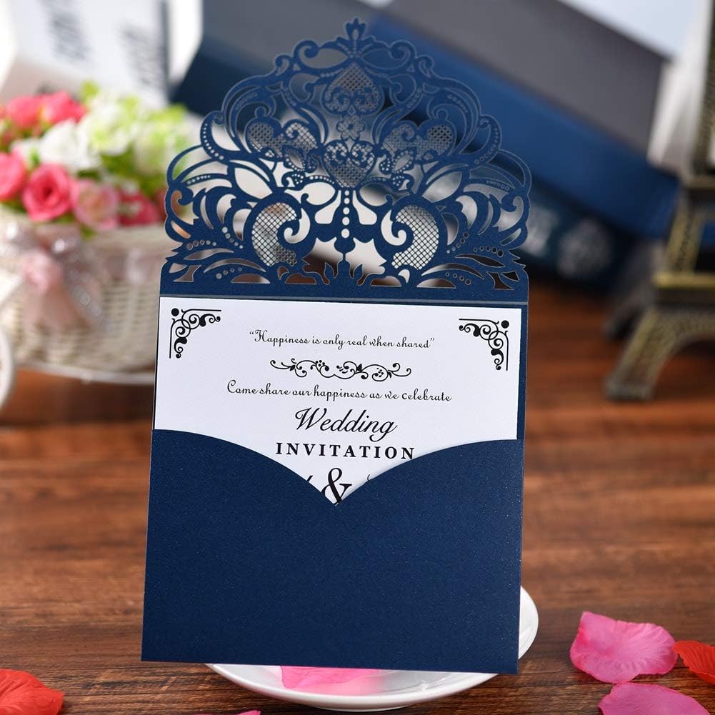 FOMTOR Navy Blue Laser Cut Invitations 50 Pack Laser Cut Wedding Invitations Card Kit with Blank Printable Paper and Envelopes for Wedding,Birthday Parties,Baby Shower