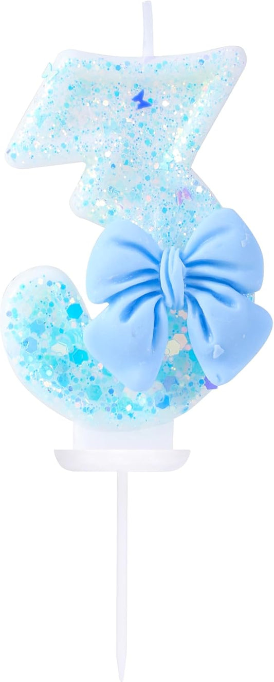 3 Birthday Candles Blue Bow Number 3 Cake Candles, Baby 3rd Cake Topper Decorations for Kids Pets Pastel Birthday Party Supplies (Number 3)