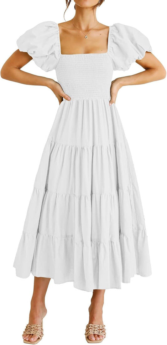 PRETTYGARDEN Women's Casual Summer Midi Dress Puffy Short Sleeve Square Neck Smocked Tiered Ruffle Dresses