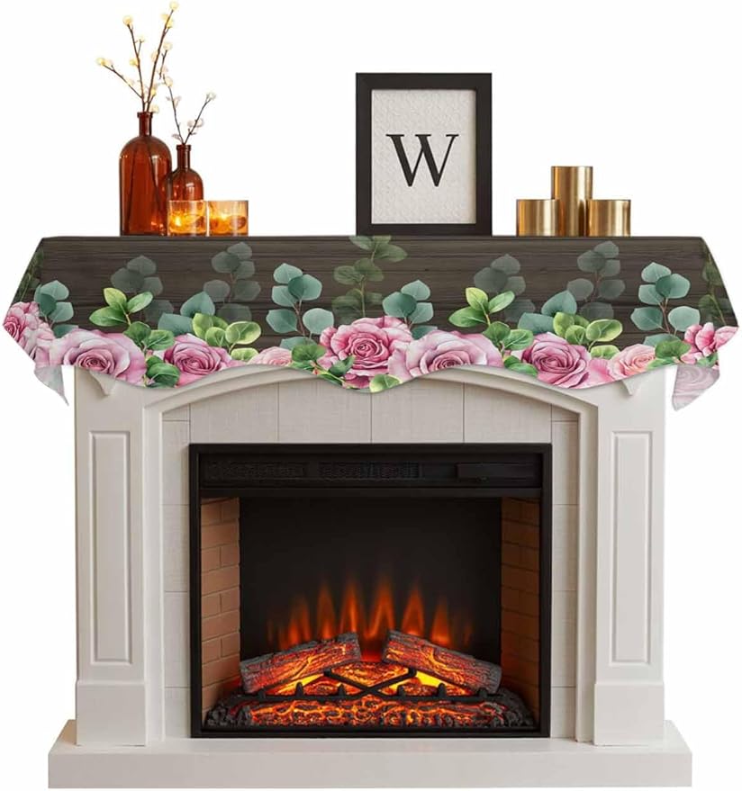 Spring Pink Roses Fireplace Mantel Scarf Table Runner, Pastoral Eucalyptus Leaves Brown Wooden Winter Garland Mantel Top Tablerunners Dresser Scarves Cover for Windows Party Living Room 90''x17''
