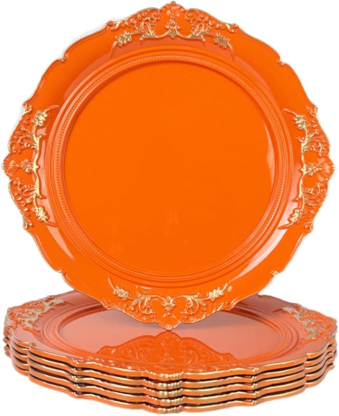Orange Charger Plates, 13 Inch Embossed Chargers for Dinner Plates. Plastic Charger for Wedding, Party. (Set of 6)